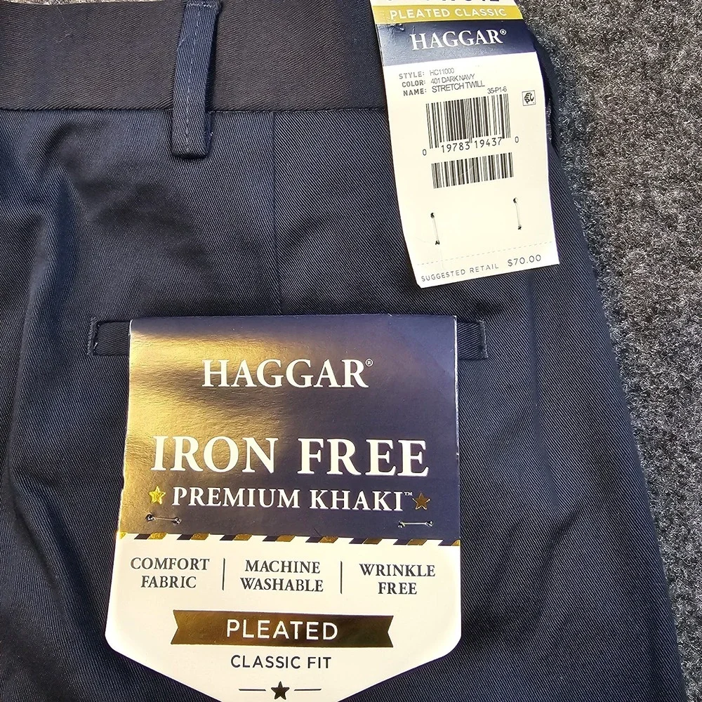 Haggar Iron Free Premium Khaki Pants Mens 34x34 Dark Navy Pleated Classic Fit St